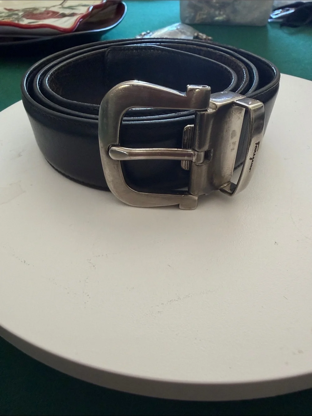 Salvatore Ferragamo Black Leather Belt with Silver-Tone Signature Buckle